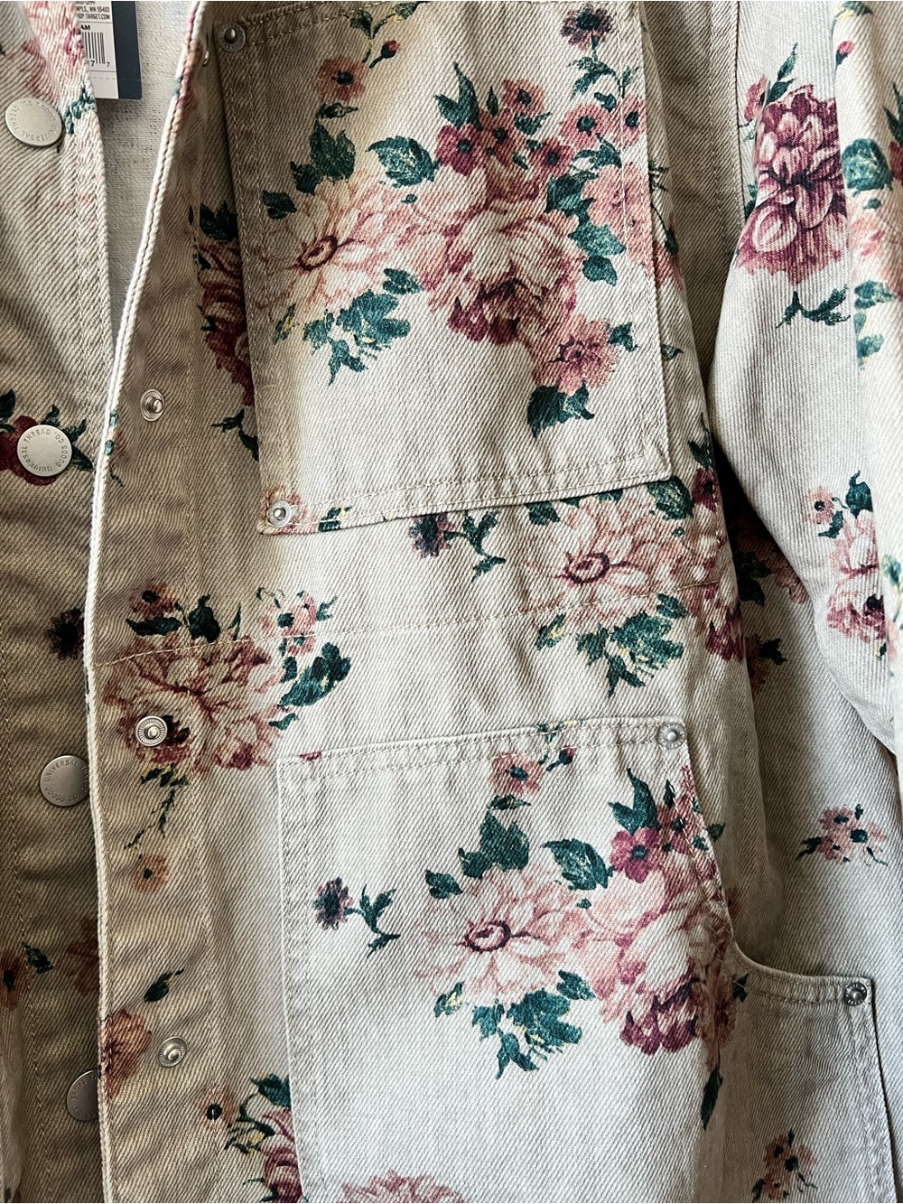 Floral Beige Jean Jacket with Pink Blossoms. 
Slightly oversized. Great for fall - Picture 5 of 11